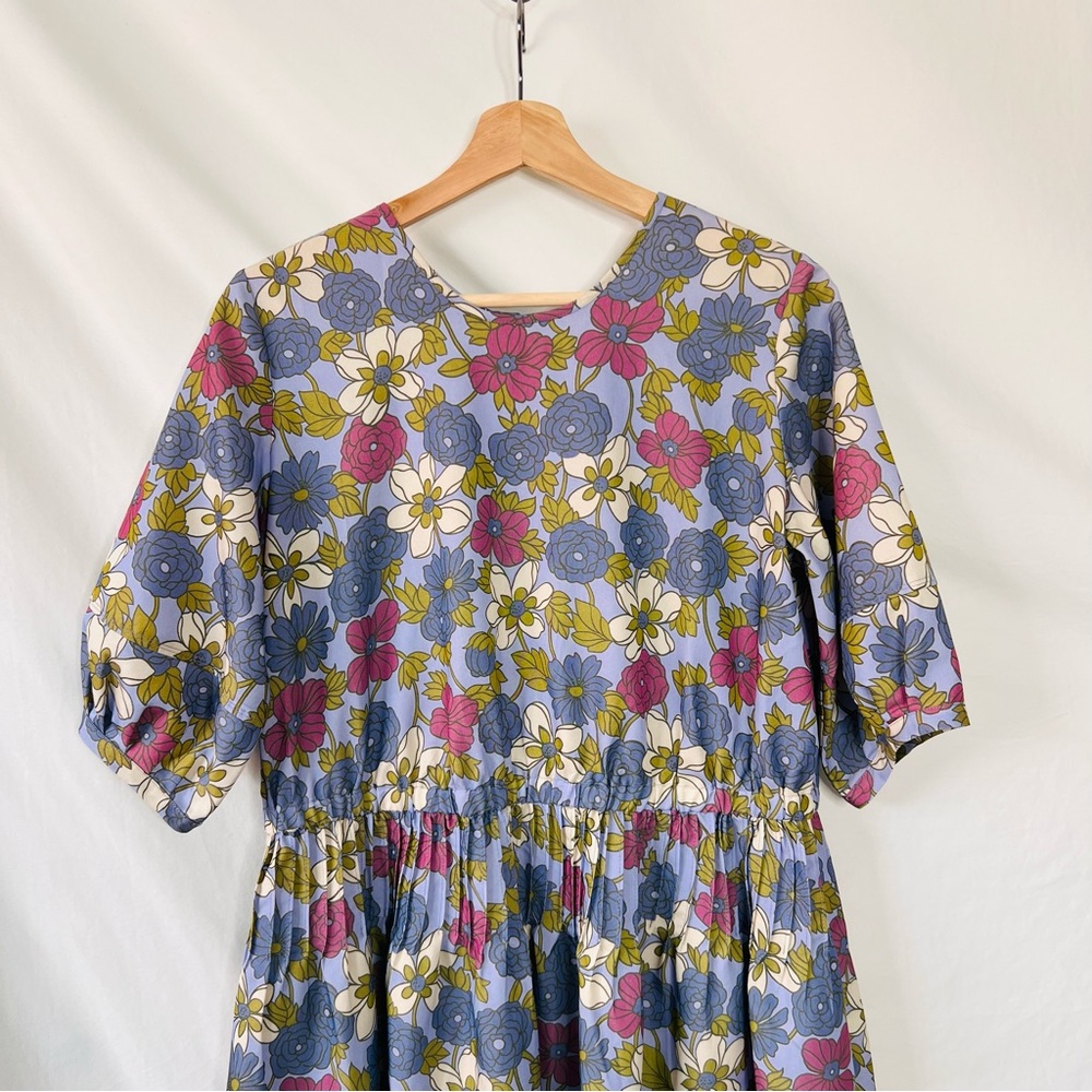 YMC London Floral Midi Smock Dress Size S 70s Mod Blue Pink Cotton Garden - Picture 4 of 16